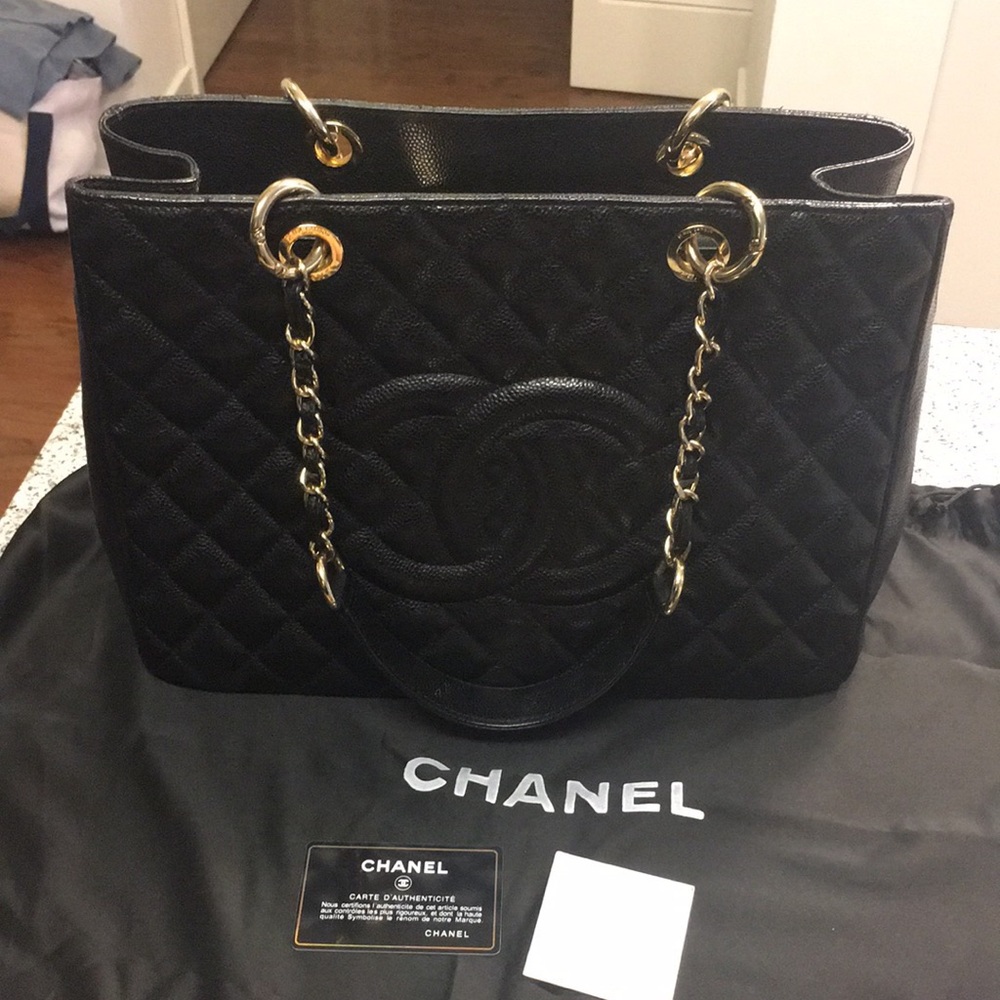 Black leather quilted GST tote with gold hardware